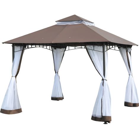 Gazebo 3x3m Gardenino avec moustiquaire, toit à 2 niveaux, structure métal marron