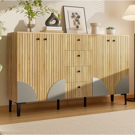 Credenza in truciolare effetto legno, 4 ante e 4 cassetti, 160 x 36 x 94 cm (1/5)