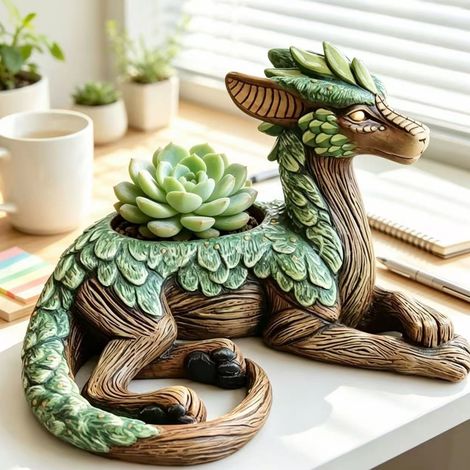 Pot de fleurs en forme de dragon sur le thème de la forêt, un pot de fleurs en résine en forme de dragon adapté aux plantes succulentes. (1/5)