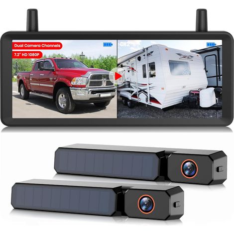 Caméra de Recul sans Fil Solaire 2 Caméras : Installation en 2 Min, Écran 1080P 7,2" en Mode Écran Divisé avec Double Antennes pour Signal Stable, Arrière pour Camion, Camping-Car et Remorque (1/5)