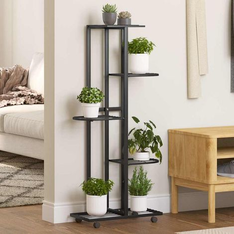 vidaXL Soporte para flores 5 alturas y ruedas hierro negro 44x23x100cm (1/5)