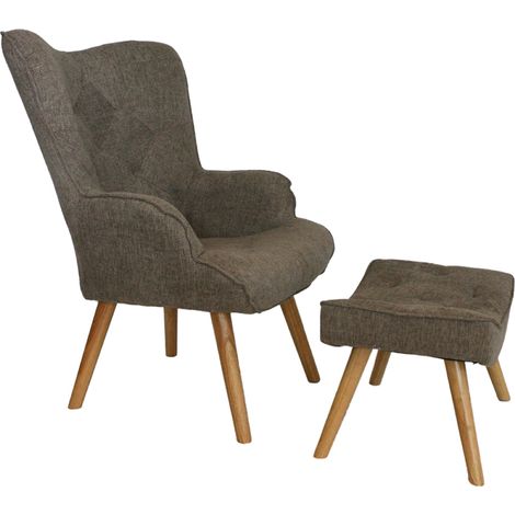 Poltrona e pouf in tessuto con gambe in legno seduta imbottita Marrone (1/2)