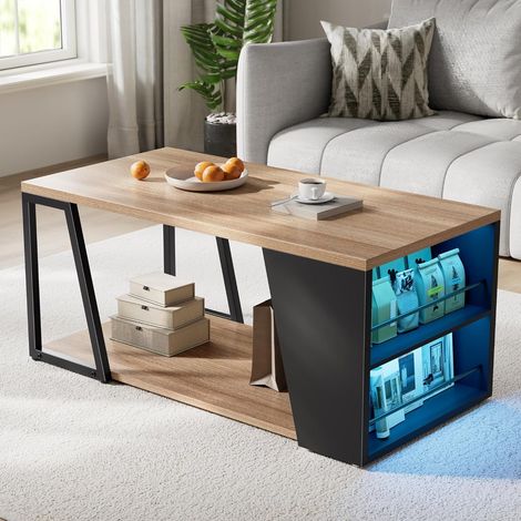 Tavolino Contenitore con LED Regolabile, Tavolo da Salotto con Ripiano in Legno e Metallo, 100 x 50 x 47 cm