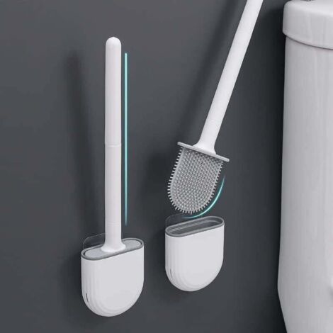 1 spazzolino per WC in silicone con supporto, spazzolino profondo con lungo manico in plastica antiscivolo e setole flessibili, spazzolino per WC con supporto ad asciugatura rapida
