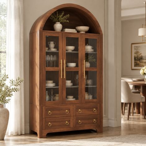 Vetrina contenitore 110 x 40 x 185 cm in MDF noce, 3 ante in vetro e 4 cassetti - CHICFURN (1/5)