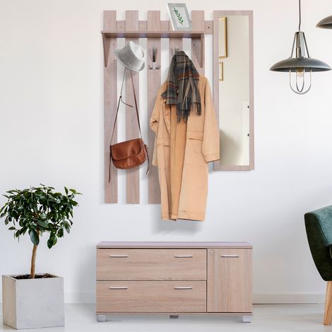 Ensemble de couloir d’entrée doté de porte-manteaux miroir, porte-chaussures, 3 crochets, étagère et 2 tiroirs pour chêne du couloir (1/4)