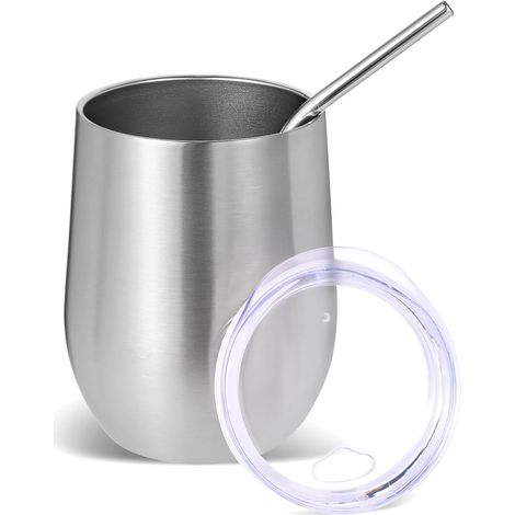 Gobelet à vin isotherme en acier inoxydable de 355 ml, réutilisable, avec couvercle et paille, pour boissons froides, voyage et activités de plein air (1/5)