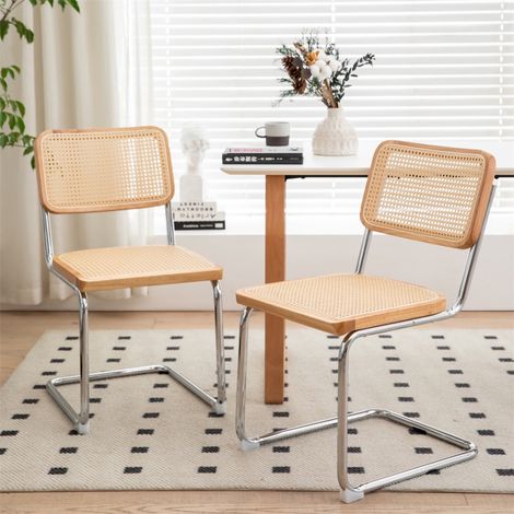 Lot de 2 chaises de salle à manger - Style Breuer en velours et rotin avec pieds luge chromés pour cuisine - Bois Naturel (1/5)