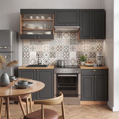 Cuisine Fame-Line, Anthracite Campagne/Chêne doré, 200 cm , PT Anthracite, Vicco