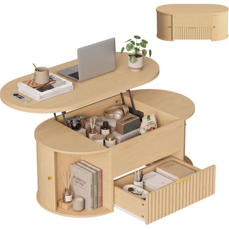 HOMCOM mesa de centro elevable con compartimento oculto, cajón frontal ondulado y puertas correderas tipo persiana, 100x50x40-55 cm, roble (1/5)