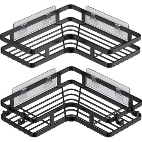 Etagere Douche Sans Percage d'angle, 2 Pièces Etagere Rangement Salle De Bain Douche Angle avec 4 Crochets, Support Gel Douche Salle De Bain, Porte Shampoing Douche. (1/4)
