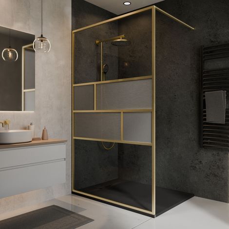 Paroi de douche à l'italienne verre rainuré or mat, l. 100 cm x H. 200 cm, SCHULTE, Walk In réversible, verre 6 mm, Carvella