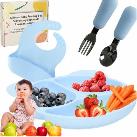 Service de table enfant en silicone, 4 pièces - Ours en peluche, assiette compartimentée, bavoir et couverts - Bleu (1/4)