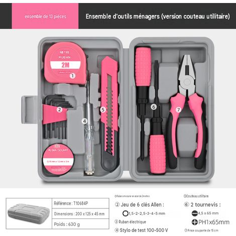 Coffret de réparation multifonctionnel rose de 13 pièces comprenant un couteau utilitaire, un tournevis, une pince et une boîte à outils.