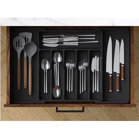 Organisateur de tiroir extensible pour couverts, plateau réglable multifonctionnel pour cuisine, rangement compact ajustable en bambou, idéal pour ustensiles et accessoires, 1 pièce. (1/4)