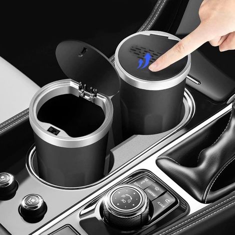 Mini poubelle de voiture avec couvercle, poubelle portable pour voiture, porte-gobelets, tablettes d'aromathérapie, console centrale, portière, bureau à domicile, noire (1/5)