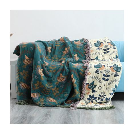 Plaid bohème en coton 150x200 cm – Jeté de canapé et couvre-lit réversible – Motif fleurs et oiseaux avec franges – Couverture multifonction pour canapé, lit, fauteuil et voyage – Bleu (1/5)