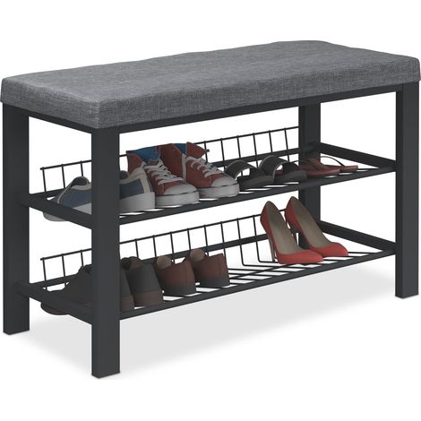 Relaxdays Banco Zapatero, Organizador Zapatos Recibidor, Acolchado, 2 Baldas, Tela, Metal, 50,5x82x33cm, Antracita/Negro
