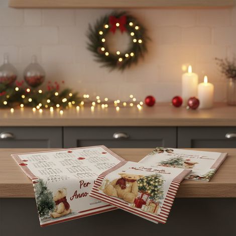 Strofinacci Teddy natalizi in cotone 100% italiano decorazione da cucina 45 x 70 cm set da 3 (1/3)