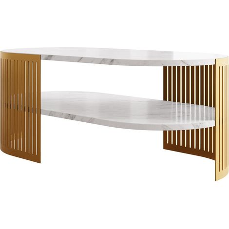 Mesa de centro Civer VII, Dorado + Mármol blanco, 40x50x100cm, Diámetro: 0, Aglomerado laminado, Ovalada