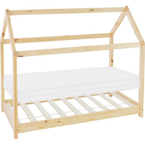 ML-Design Kinderbett 80 x 160 cm Natur mit Matratze, Dach und Lattenrost, Hausbett für Mädchen und Jungen, Kinderhaus aus Kiefernholz, Bodenbett Jugendbett, Kinder Bett, Bettenhaus Spielbett Holzbett
