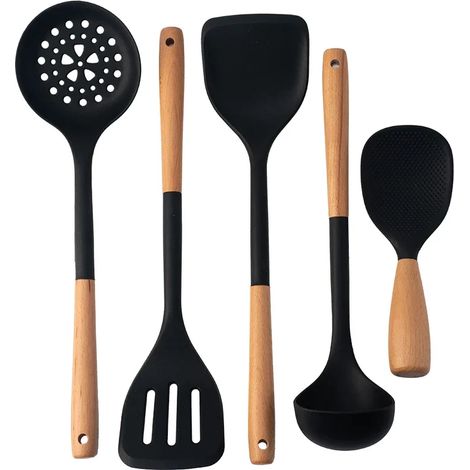 (Noir, ensemble de 5 pièces) Ustensiles de cuisine haut de gamme en silicone, comprenant spatule, cuillère, louche à riz, etc. (1/2)