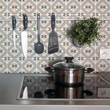 Sticker Mural Carrelage adhésif Cuisine Salle de Bain - 9 STICKERS CARREAUX DE CIMENT AUTHENTIQUES CIARANA - 9stickers15x15cm (1/5)