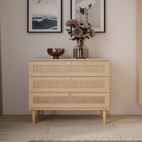 Cassettiera Livia 3 cassetti in rovere con dettagli effetto Rattan 90.4x41.4x80H (1/5)