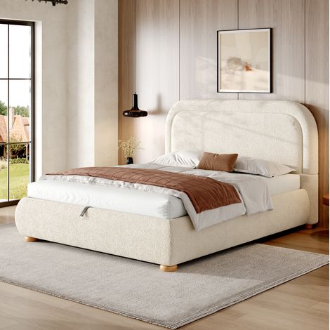 DESVIAE Lit coffre capitonné en tissu bouclé beige avec sommier à lattes tête de lit rembourrée rangement hydraulique silencieux structure stable pieds en hévéa massif (1/4)