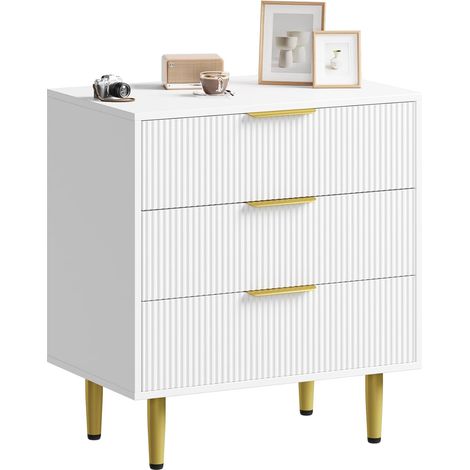 Commode 3 Tiroirs en Bois avec Design Cannelé et Pieds Métal Doré Blanc (1/5)