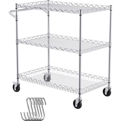 Mophorn Carro de almacenamiento para utensilios de cocina de 3 niveles, carro de alambre con capacidad de 300 kg, carro de servicio con cesta de 80 mm de profundidad, 6 ganchos, 76,2 x 45,7 x 82,3 cm