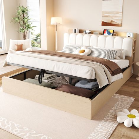 Lit coffre 180/200 cm en bois avec tête de lit rembourrée, USB et rangements (1/5)