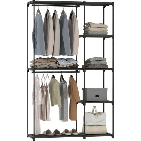 Armoire suspendue noire 111x43x185 cm, penderie mobile avec 2 tringles et 6 étagères, rangement vêtements, dressing compact portable.