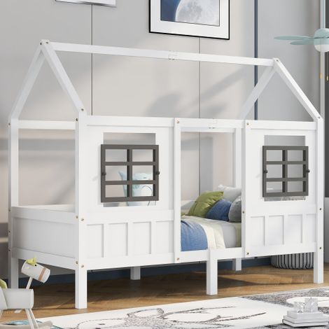 LIBERTÉ Lit cabane, lit simple pour enfant avec 2 fenêtres, cadre en pin, MDF, blanc (200x90cm) (1/5)