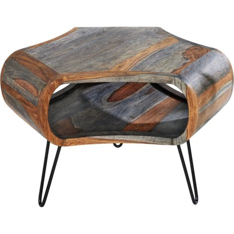 Couchtisch NERA 70 cm aus massivem Sheeshamholz in Braun und Grau mit Ablage – Retro-Industriestil