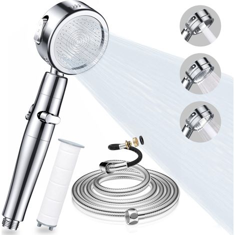 Duschkopf, Badezimmer-Duschkopf, wassersparend, 3 Arten von einstellbaren Düsen, Hochdruck-Duschkopf mit 2 m Schlauch und Filter, 360 ° drehbarer Anti-Kalk-Duschkopf, Silber