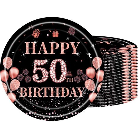 Pappteller 50. Geburtstag, 16 Stück, Roségold, 18cm, Einwegteller für Party