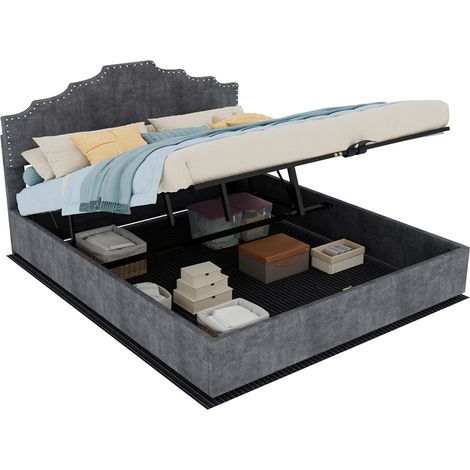 Cama arcón tapizada gris 160 x 200 cm con cabecero alto y pistón de gas HOMVRA (1/5)
