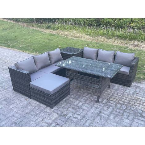 Fimous PE Wicker Outdoor Garden Furniture Set Patio Rattan Rectangular Dining Table Lounge Sofa with Big Footstool Side Table 7 Seater Dark Grey Mixed (1/5)
