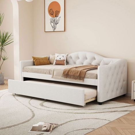 Lit gigogne banquette 90x200cm en lin beige au design minimaliste - lit gigogne - canapé lit extensible pratique et gain de place (1/5)