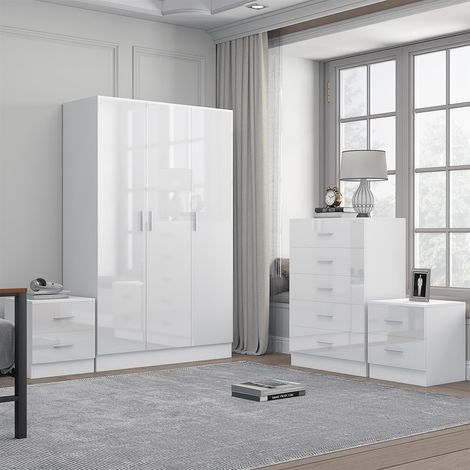 Reflect 3 Door Plain Wardrobe, 5 Drawer Chest, 2x 2 Drawer Bedsides - White Gloss & Matt White - Modern Bedroom Furniture Set