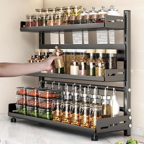 Verstellbares Gewürzregal 30 cm – Rostfreier Kohlenstoffstahl – 3 Ebenen mit Messerschutz – Tragkraft bis zu 15 kg (1/5)