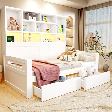 MODFU – Sofá cama 90x200 cm de MDF blanco con LED, enchufes integrados, almacenamiento y 2 cajones, carga 120 kg – Blanco (1/5)