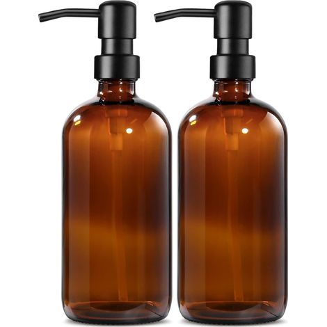Dispenser di sapone in vetro color ambra con pompa in acciaio inox, 500 ml, ricaricabile, con etichette, set da 2, per la cucina (1/5)
