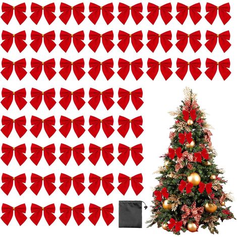 48pcs Noeud Rouge avec Sac de Rangement, Ornement d'arbre de Noël babioles Scintillantes Guirlande de Noël Cadeau de Noël Ruban de fête de Famille (1/5)
