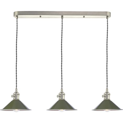 Hadano Lampe suspendue à 3 lampes suspendues à barre chromée antique avec abat-jour vert olive (1/3)