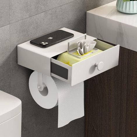 Porte Papier Toilette Mural, Derouleur Support Papier Toilette Murale avec étagère Sans Percage Porte Papier Wc avec lingettes Tiroir Adhésif DéVidoir Papier Toilette Toilet Paper Holder(Blanc) (1/5)