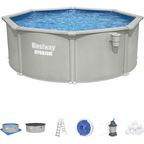 Piscina Desmontable Redonda de Acero Bestway Hydrium Ø366 x 122 cm con Depuradora de Arena 3.596 l/h, Lona de Fondo, Cobertor y Escalera (1/5)