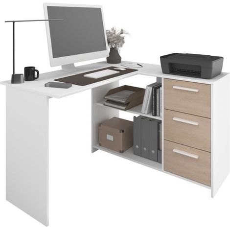 PARISOT Bureau d'angle 3 tiroirs - Décor Blanc / Chene - 121,2 x 74,5 x 111 cm - ESSENTIEL (1/5)