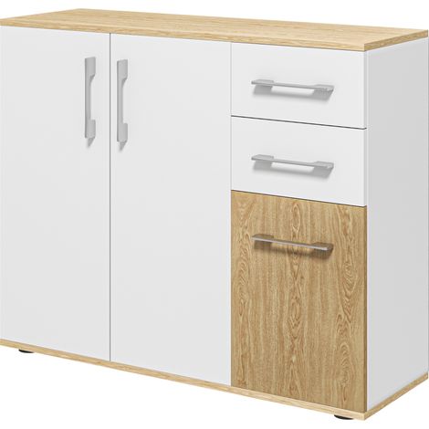 Buffet, meuble de rangement avec 3 portes, 2 tiroirs et étagère réglable, 90 x 30 x 75,5 cm, blanc et bois naturel (1/5)